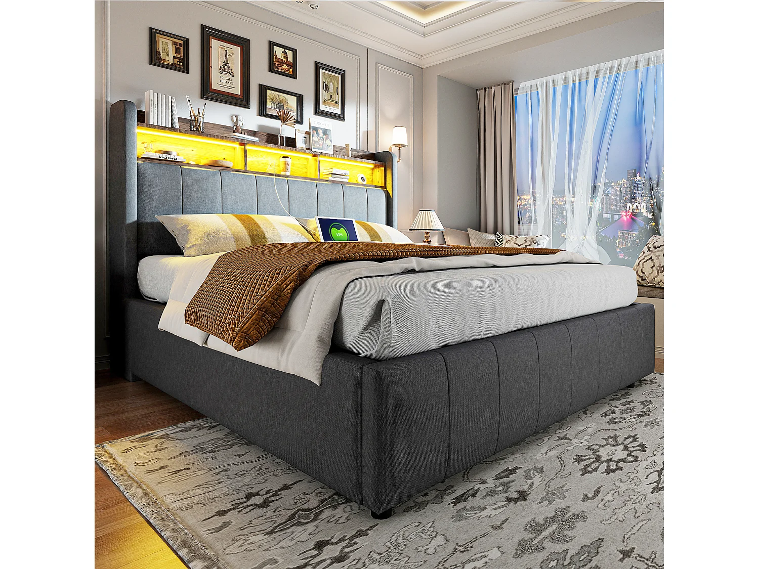 Lit coffre double 160x200cm, LED et prise USB, étagères, rangement, tissu en fond, Lin gris, sans matelas