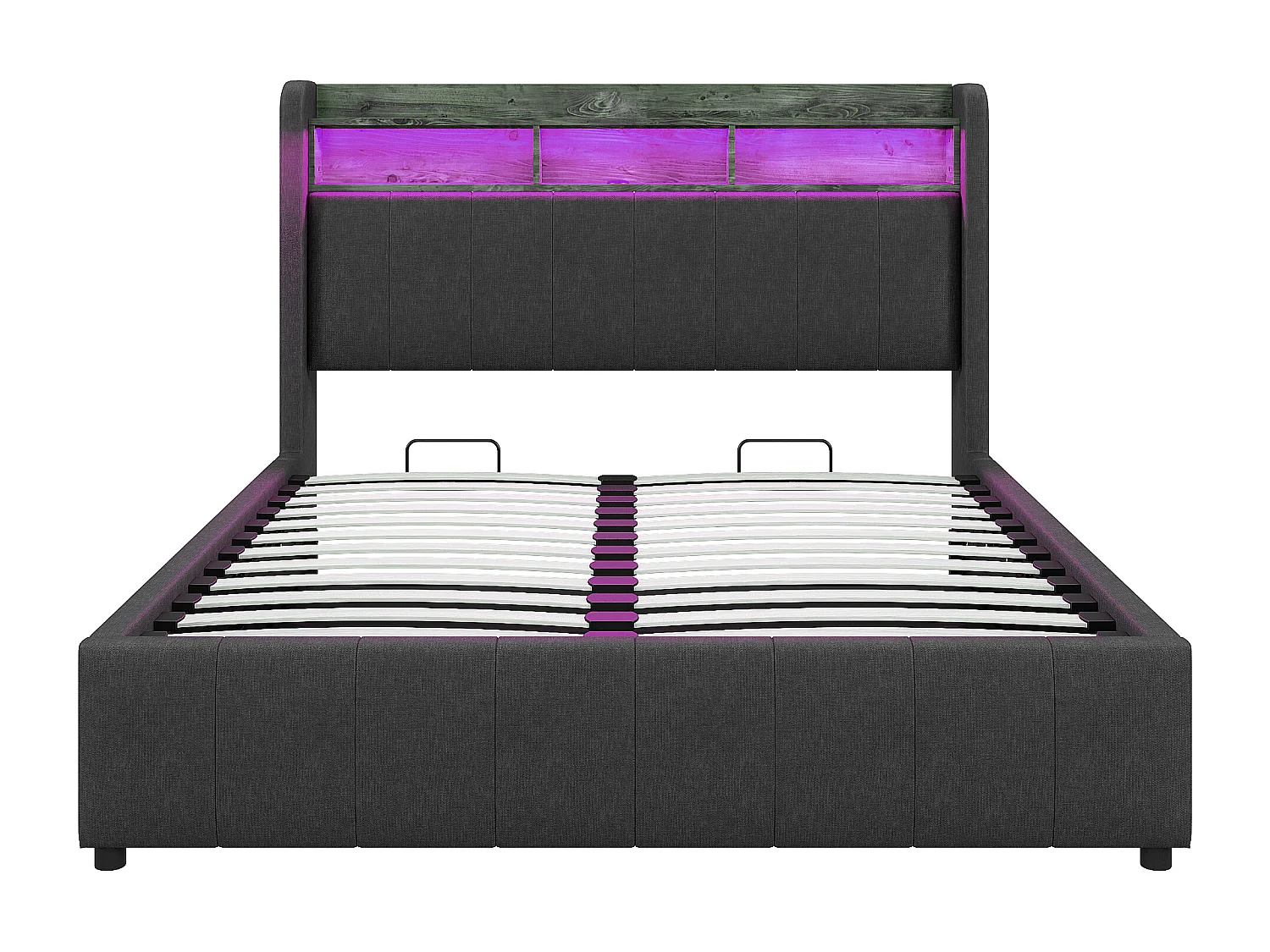 Lit coffre double 160x200cm, LED et prise USB, étagères, rangement, tissu en fond, Lin gris, sans matelas