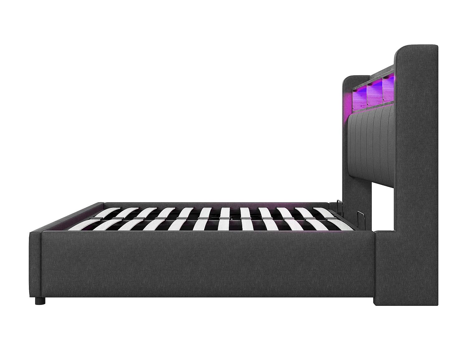Lit Adulte 160 x 200 cm - Lit Capitonné Avec Coffre Hydraulique Et LED Multicolore - En Tissu Lin - Style Moderne - Gris Sans matelas
