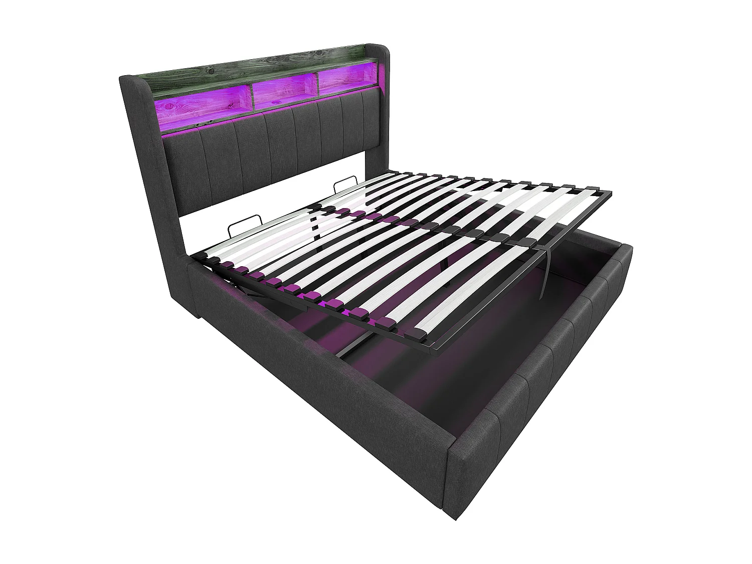 Lit Adulte 160 x 200 cm - Lit Capitonné Avec Coffre Hydraulique Et LED Multicolore - En Tissu Lin - Style Moderne - Gris Sans matelas