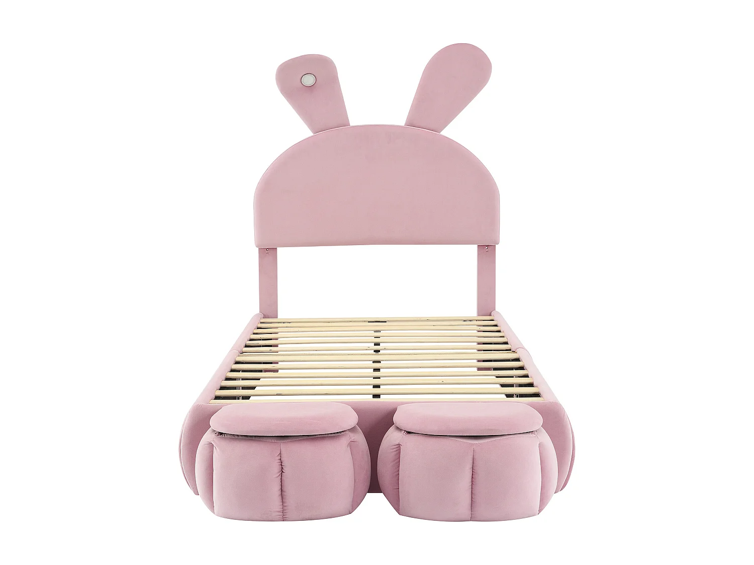 Lit Enfant 90 x 200 cm - Lit Capitonne Oreilles De Lapin En Velours - LED A Intensite Reglable - Avec 2 Poufs De Rangement - Sans Matelas - Rose
