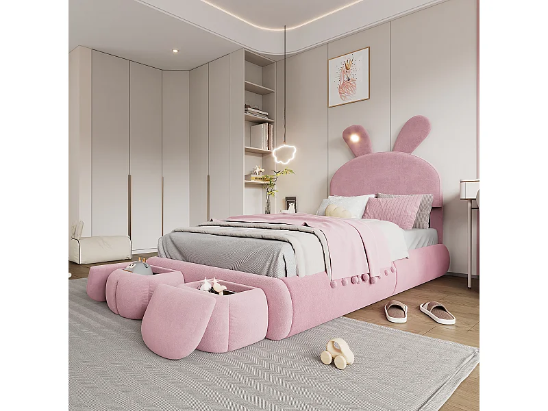 Lit enfant Lit simple Rabbit Ears 90x200 cm avec 2 tabourets de rangement, LED, velours rose, sans matelas
