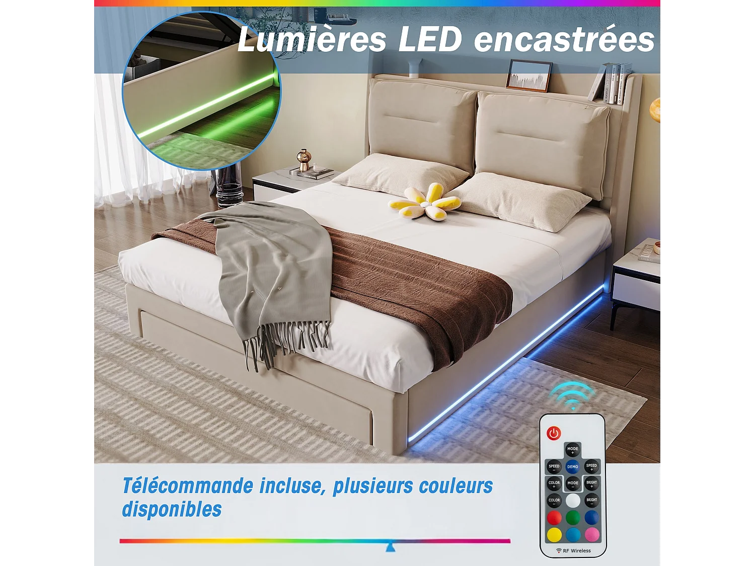 Lit Capitonné 140 x 190 cm - Rangement Hydraulique & Éclairage LED Réglable - Sommier à Lattes - En Velours - Sans Matelas - Beige