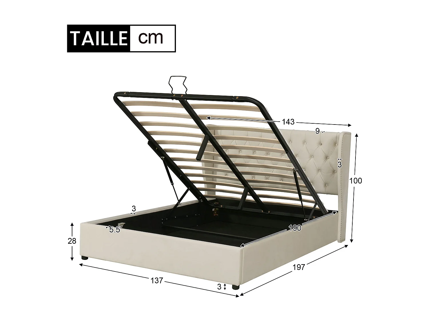 Lit Adulte 140 x 200 cm - Lit Coffre Hydraulique - En Velours - Tête Capitonnée 99 cm À Grands Boutons - Gris - Sans Matelas