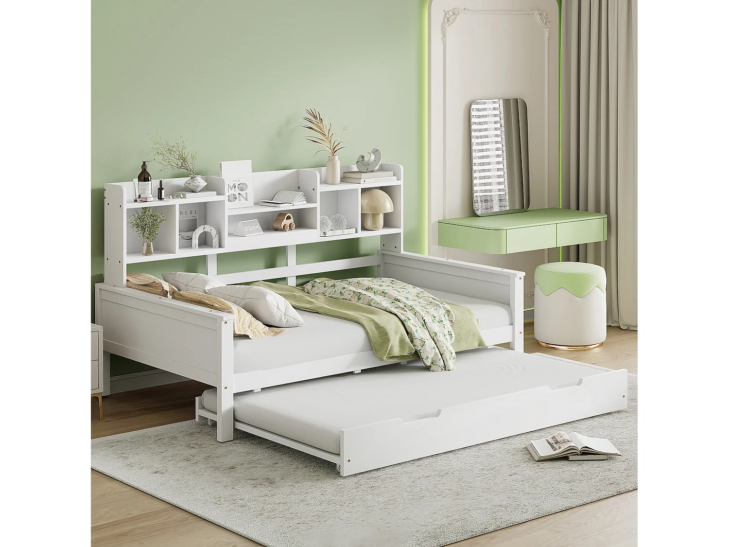 Lit gigogne 90x200/190 cm avec compartiment de rangement et sommier, finition bois blanc, sans matelas