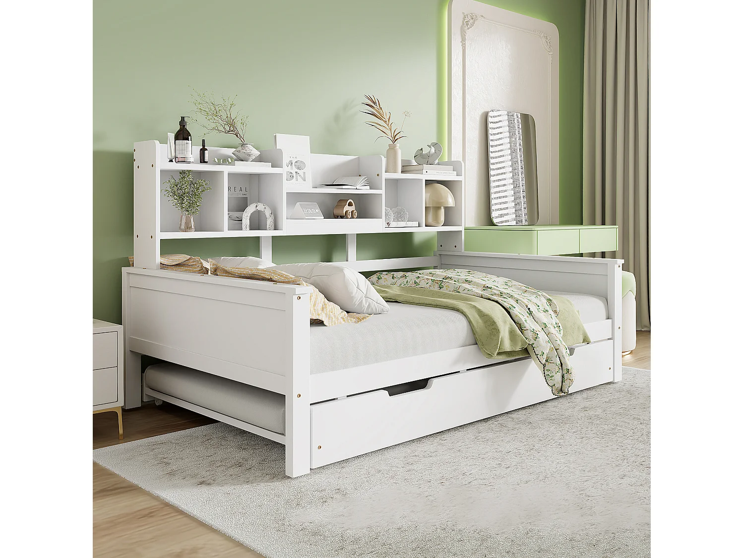 Lit gigogne 90x200/190 cm avec compartiment de rangement et sommier, finition bois blanc, sans matelas