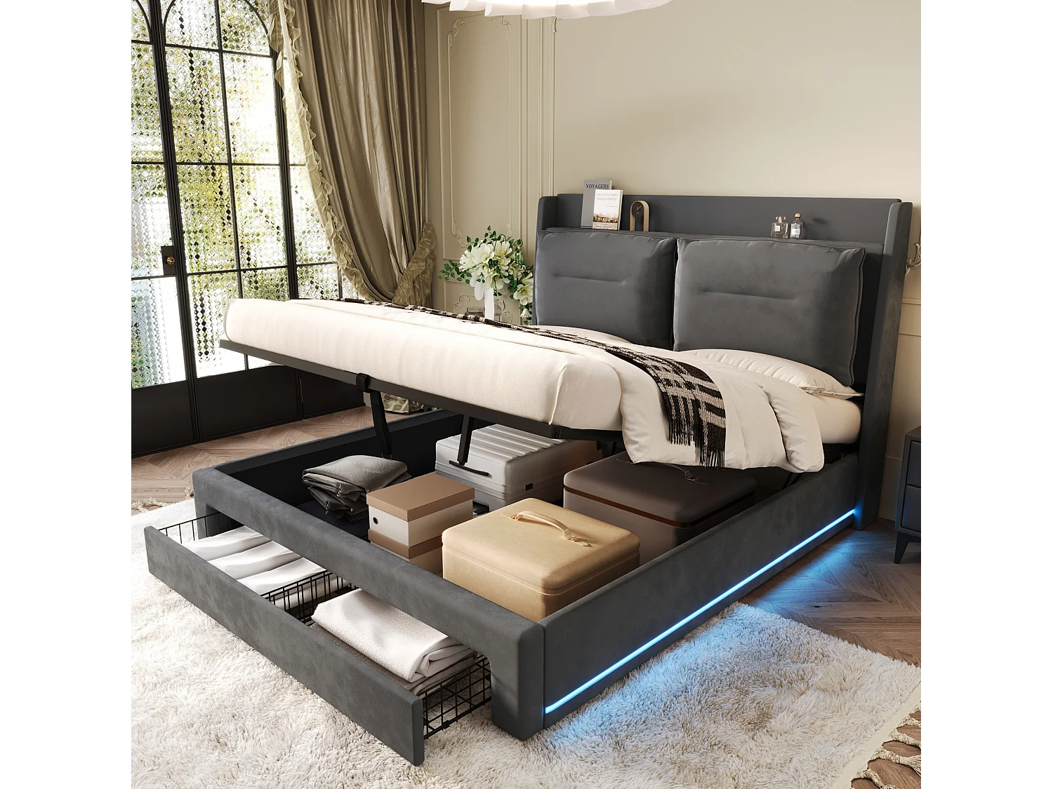 Lit 140 x 200 cm - Coffre hydraulique et Tiroir 2-en-1 - En Velours - Sommier à lattes - Éclairage LED intégré - Gris foncé - Sans matelas