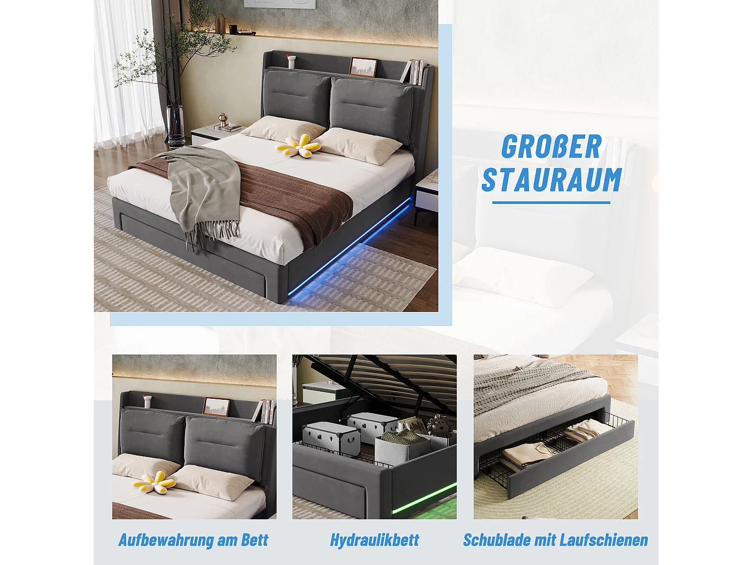 Lit 160 x 200 cm - Lit Coffre Hydraulique En Velours - Tiroirs 2-en-1 Et Éclairage LED Réglable - Sommier À Lattes - Gris Foncé - Sans Matelas