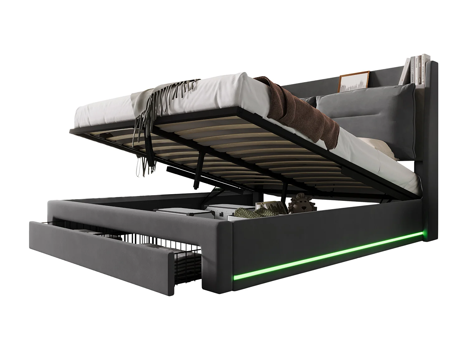 Lit 160 x 200 cm - Lit Coffre Hydraulique En Velours - Tiroirs 2-en-1 Et Éclairage LED Réglable - Sommier À Lattes - Gris Foncé - Sans Matelas