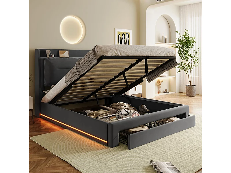 Lit 160 x 200 cm - Lit Coffre Hydraulique En Velours - Tiroirs 2-en-1 Et Éclairage LED Réglable - Sommier À Lattes - Gris Foncé - Sans Matelas