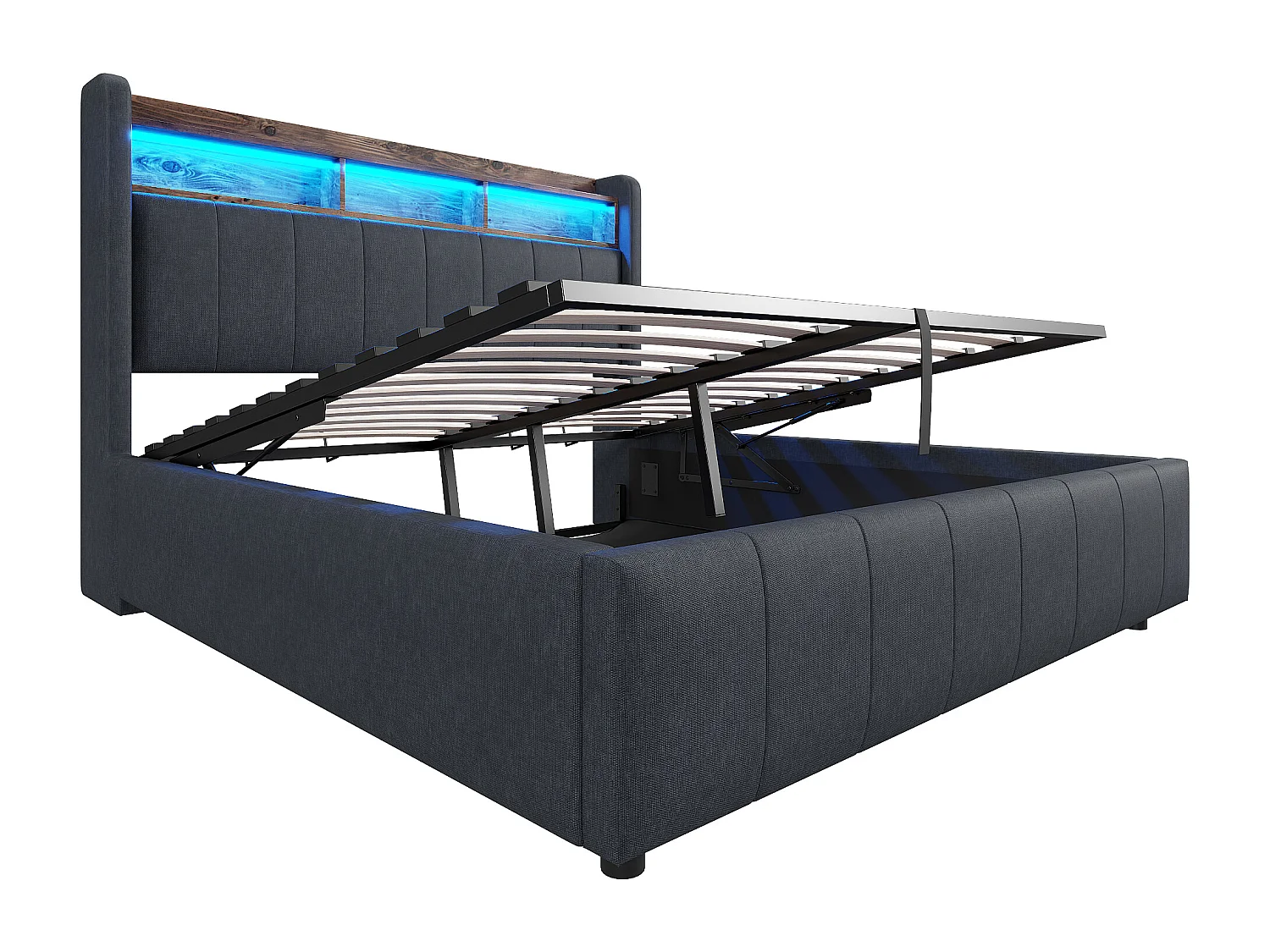 Lit coffre double 140x200cm, LED et prise USB, étagères, rangement, tissu en fond, Lin gris, sans matelas