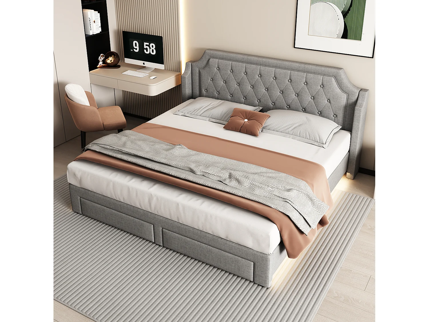 Lit double Lit adulte 180x200 cm avec 2 tiroirs, tête de lit, éclairage LED, tissu en lin gris, sans matelas