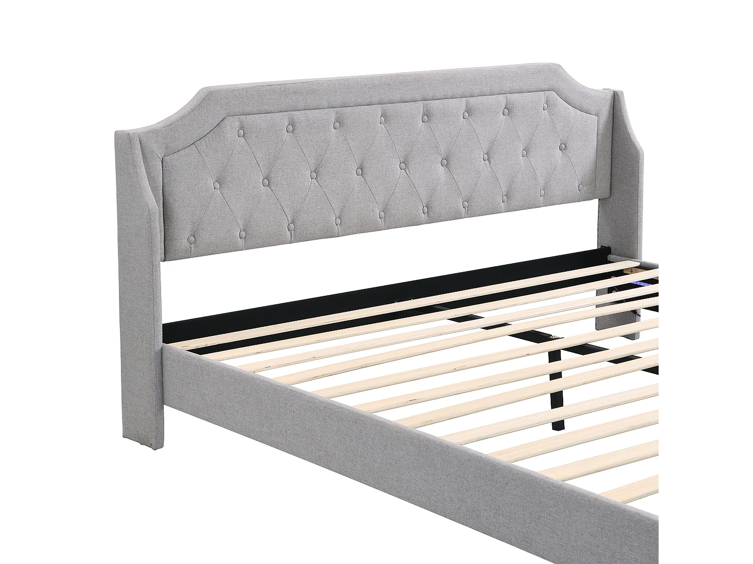 Lit double Lit adulte 180x200 cm avec 2 tiroirs, tête de lit, éclairage LED, tissu en lin gris, sans matelas