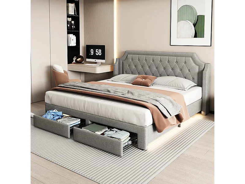 Lit double Lit adulte 180x200 cm avec 2 tiroirs, tête de lit, éclairage LED, tissu en lin gris, sans matelas