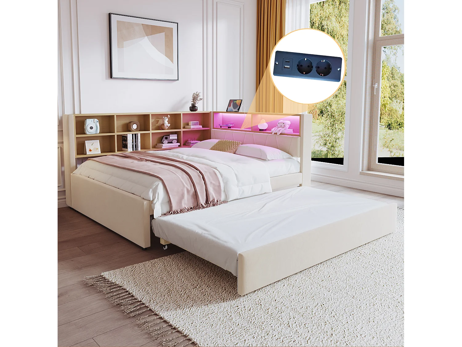 Canapé-Lit 140 x 200 cm Avec Lit Gigogne 90 x 190 cm - En Flanelle - LED, USB+Type-C+Prise, Rangements - Beige