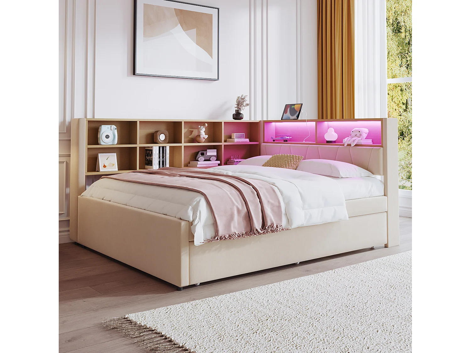 Canapé-Lit 140 x 200 cm Avec Lit Gigogne 90 x 190 cm - En Flanelle - LED, USB+Type-C+Prise, Rangements - Beige