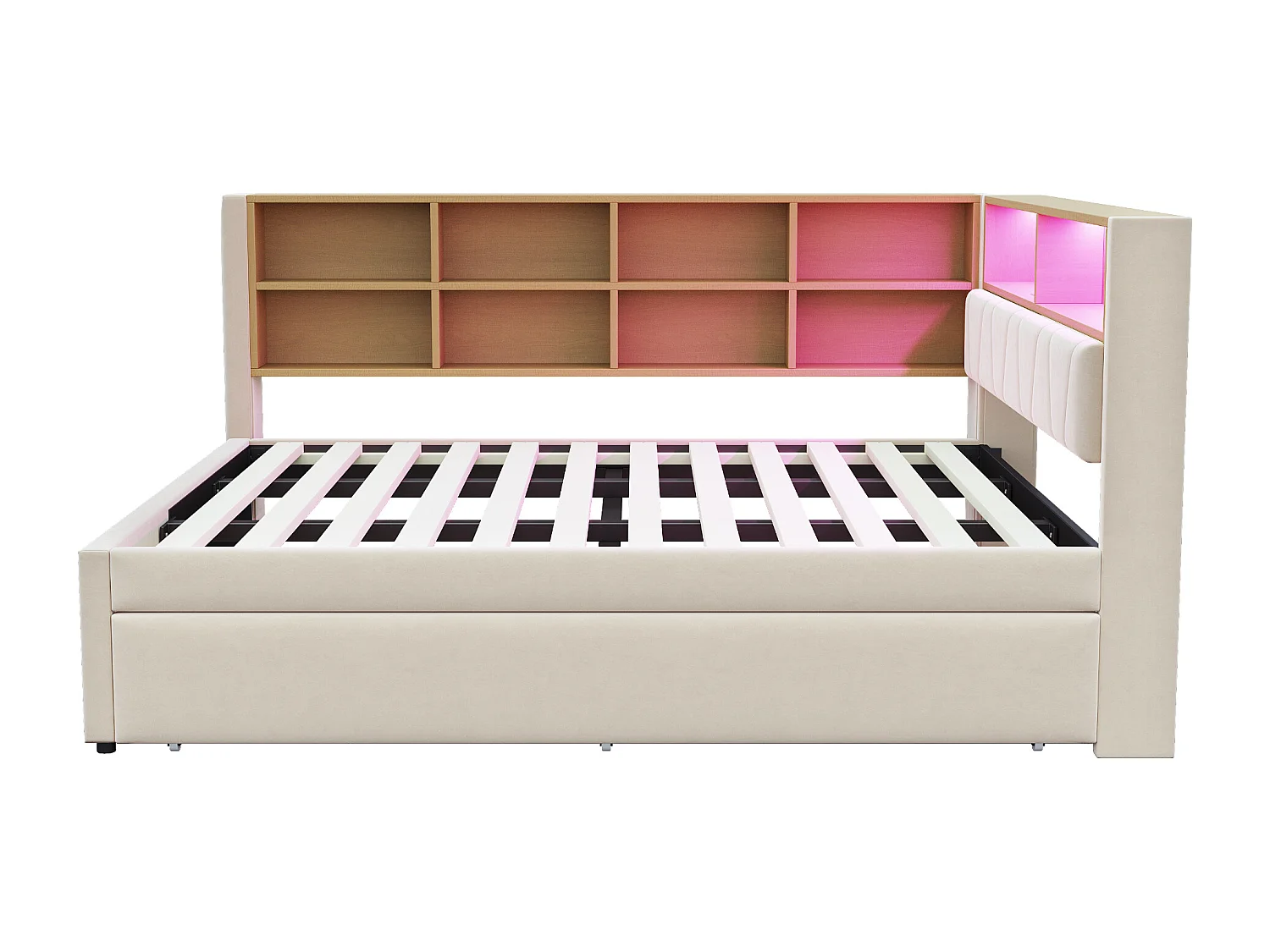 Canapé-Lit 140 x 200 cm Avec Lit Gigogne 90 x 190 cm - En Flanelle - LED, USB+Type-C+Prise, Rangements - Beige