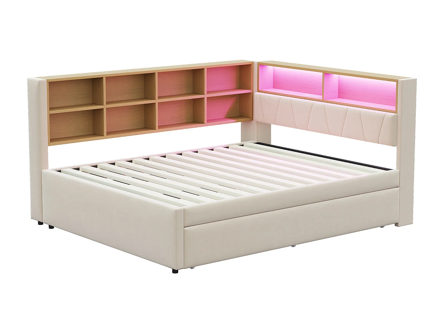 Canapé-Lit 140 x 200 cm Avec Lit Gigogne 90 x 190 cm - En Flanelle - LED, USB+Type-C+Prise, Rangements - Beige
