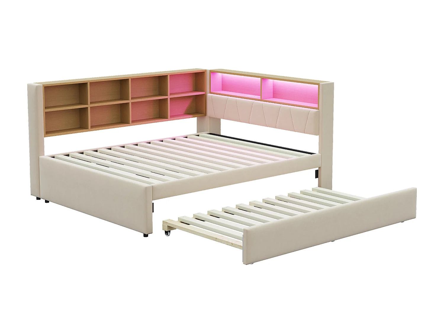 Canapé-Lit 140 x 200 cm Avec Lit Gigogne 90 x 190 cm - En Flanelle - LED, USB+Type-C+Prise, Rangements - Beige