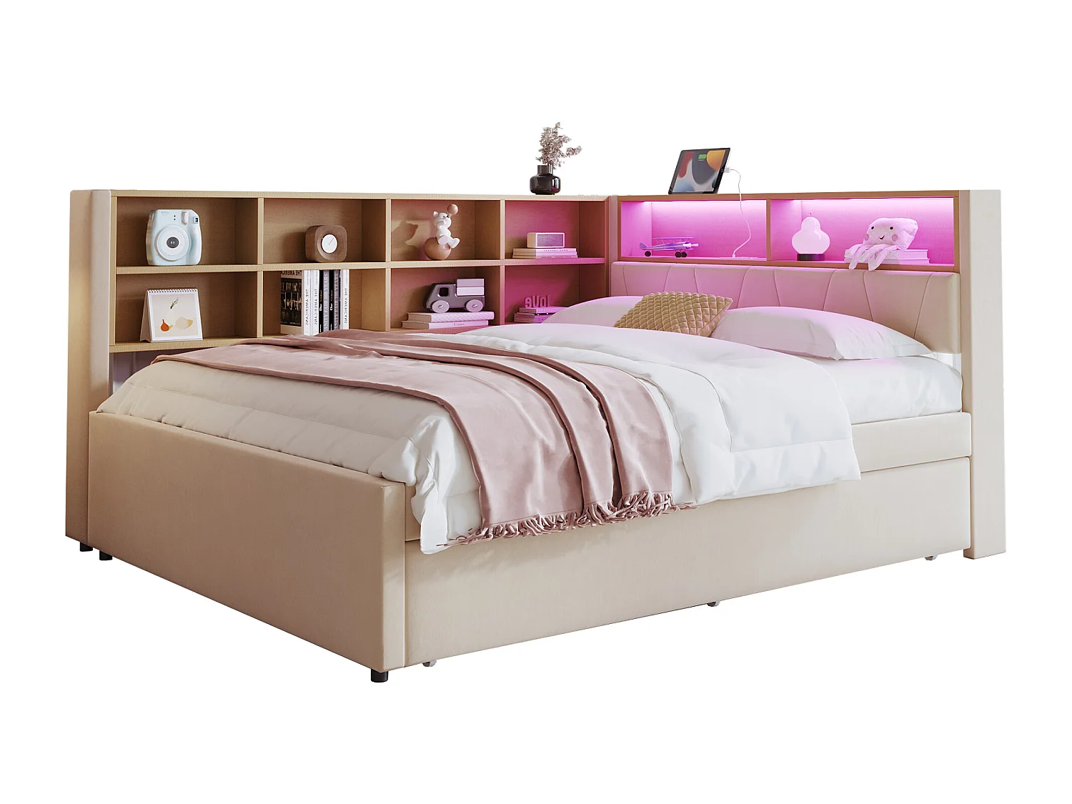 Canapé-Lit 140 x 200 cm Avec Lit Gigogne 90 x 190 cm - En Flanelle - LED, USB+Type-C+Prise, Rangements - Beige