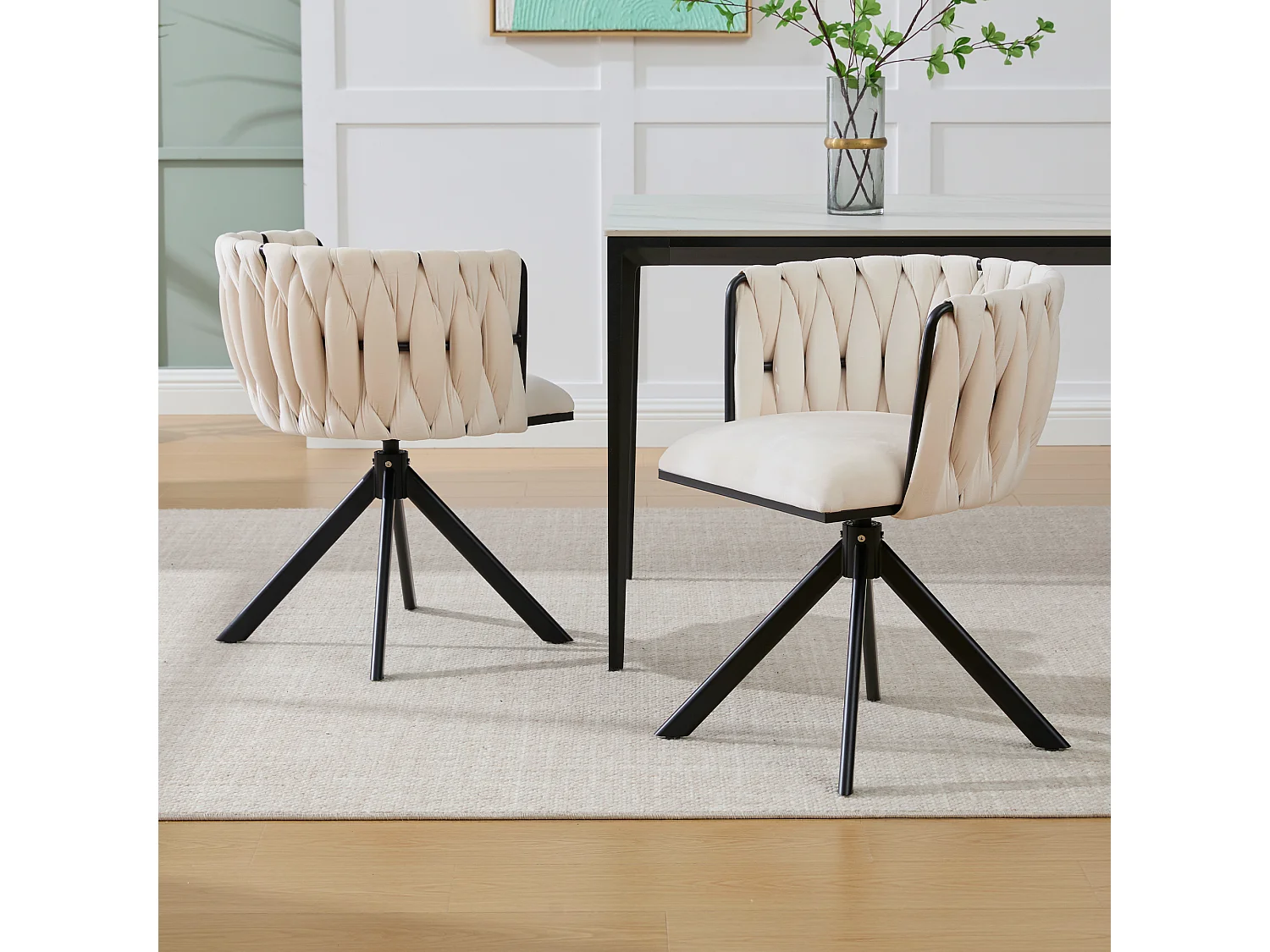 Lot de 2 chaises de salle à manger pivotantes à 180°, pour le salon, pied en métal noir, Velours iovoire