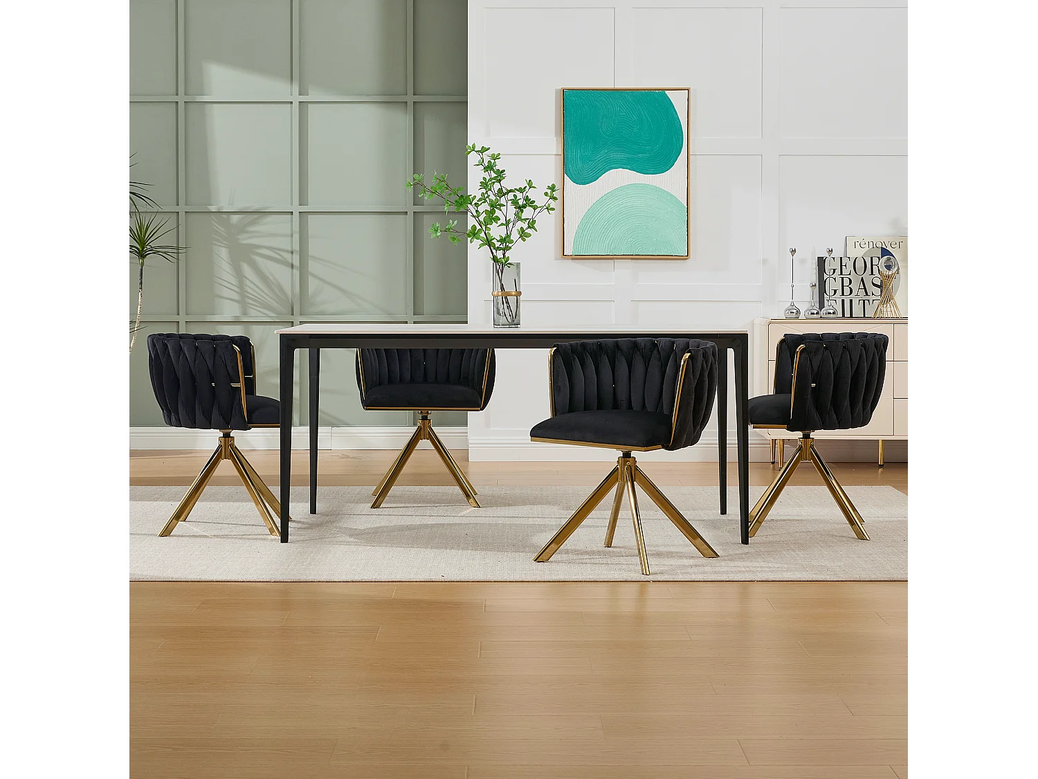 Lot de 2 chaises de salle à manger pivotantes à 180°, pour le salon, pied en métal doré, Velours noir