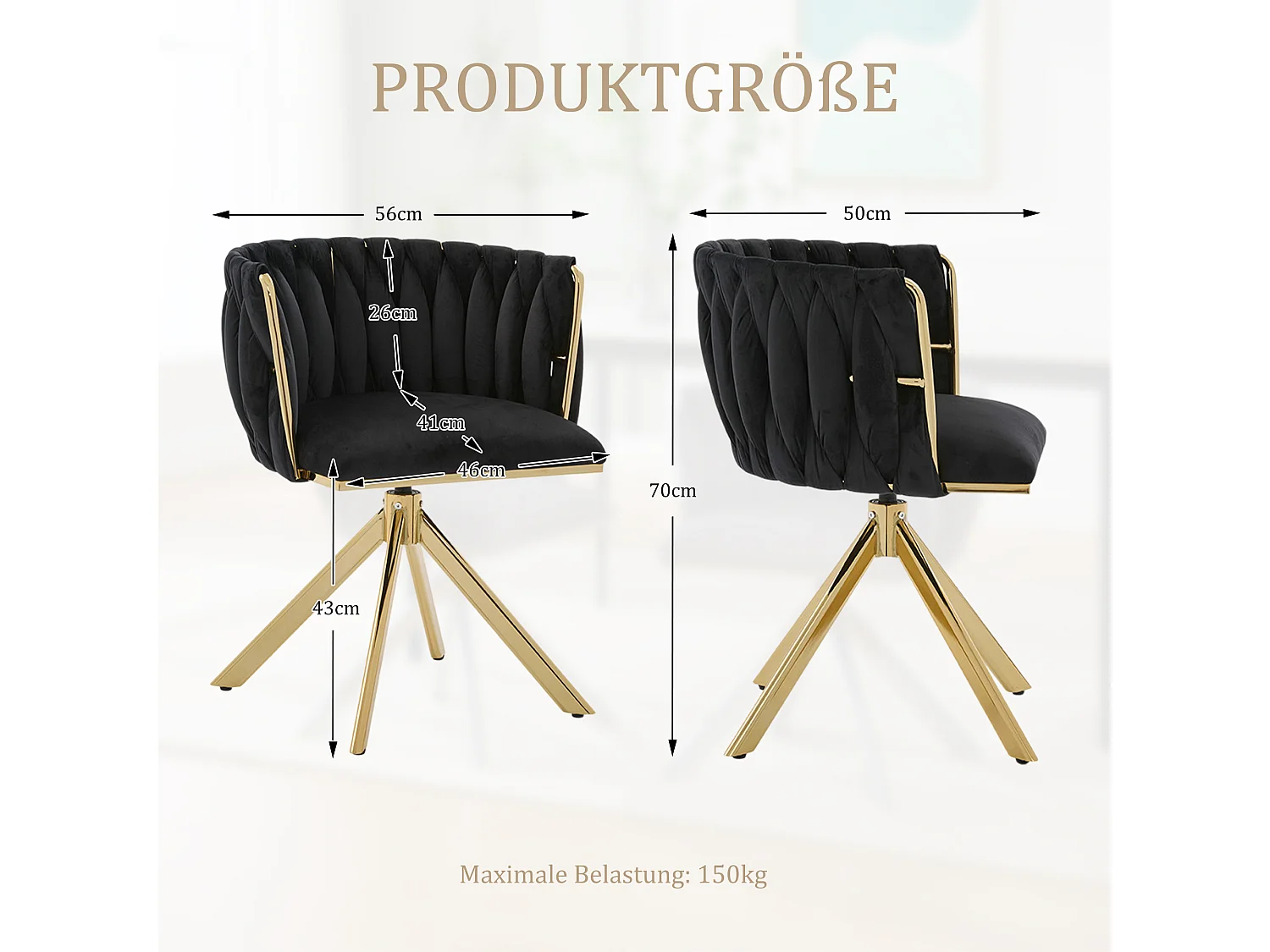 Lot de 2 chaises de salle à manger pivotantes à 180°, pour le salon, pied en métal doré, Velours noir