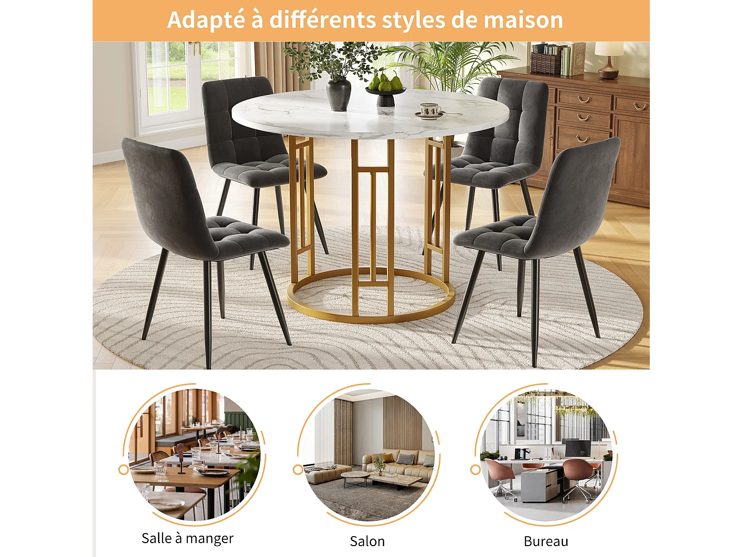 Table à manger ronde 80×80×76 cm, motif marbre, pour 4 personnes, style moderne, métal et MDF, blanc et or