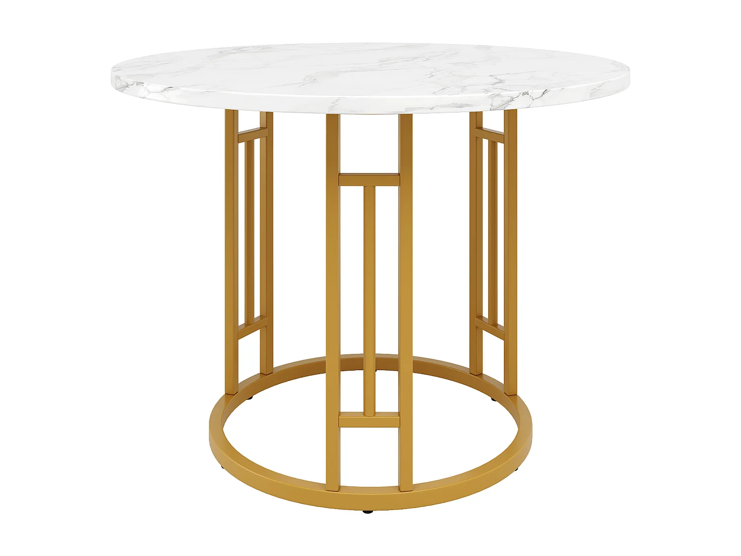 Table à manger ronde 80×80×76 cm, motif marbre, pour 4 personnes, style moderne, métal et MDF, blanc et or