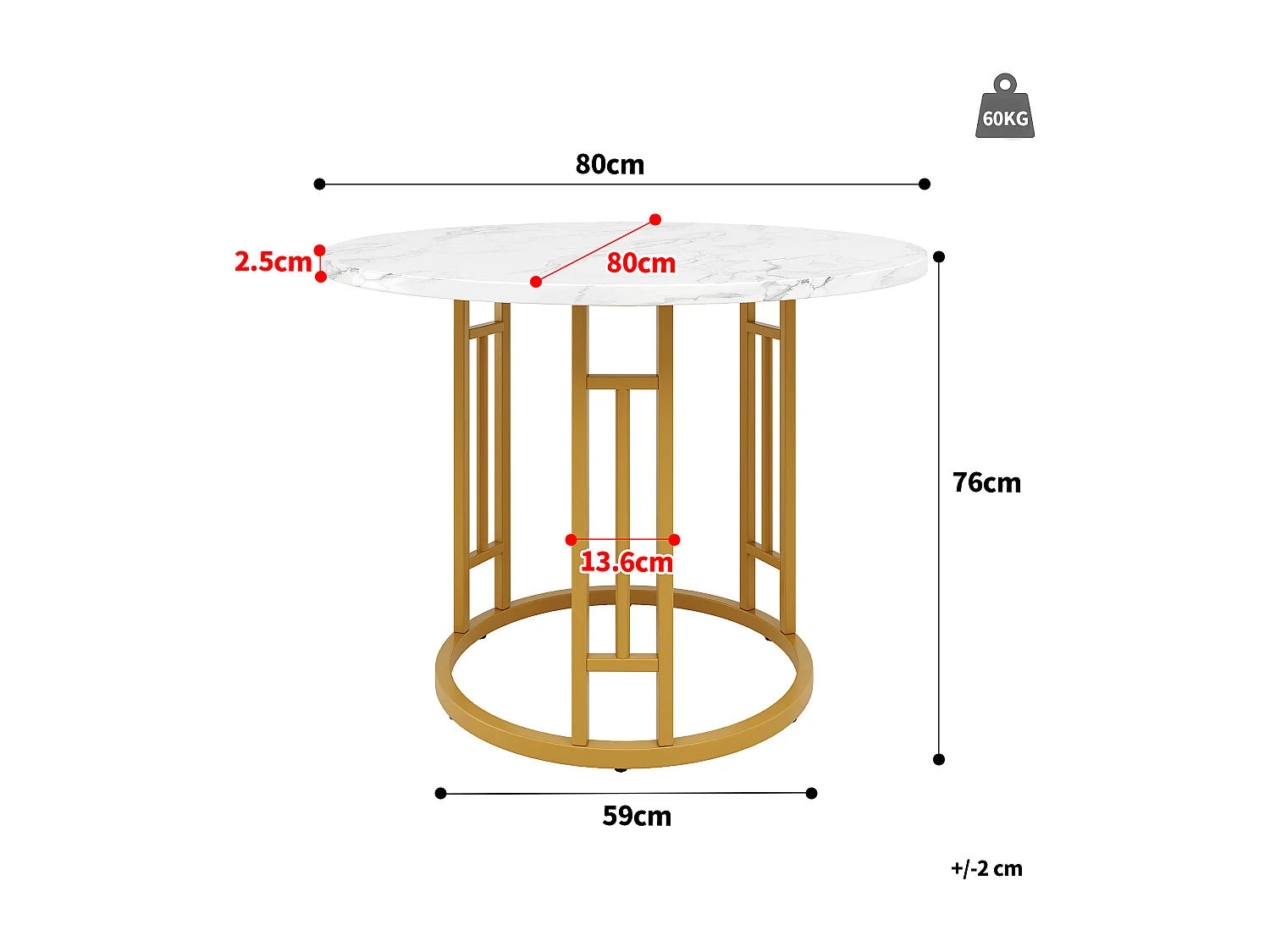 Ronde Tafel - MDF Tafelblad Met Marmerlook - Geometrisch Metalen Onderstel Met Verstelbare Poten - 80 x 80 x 76 cm - Belastbaar 60 kg - Goud