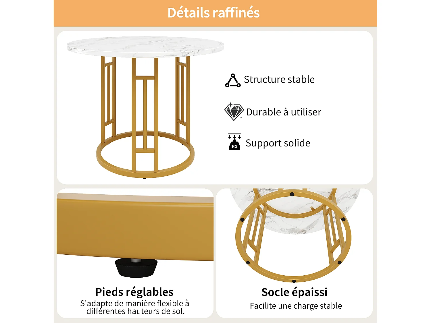 Ronde Tafel - MDF Tafelblad Met Marmerlook - Geometrisch Metalen Onderstel Met Verstelbare Poten - 80 x 80 x 76 cm - Belastbaar 60 kg - Goud