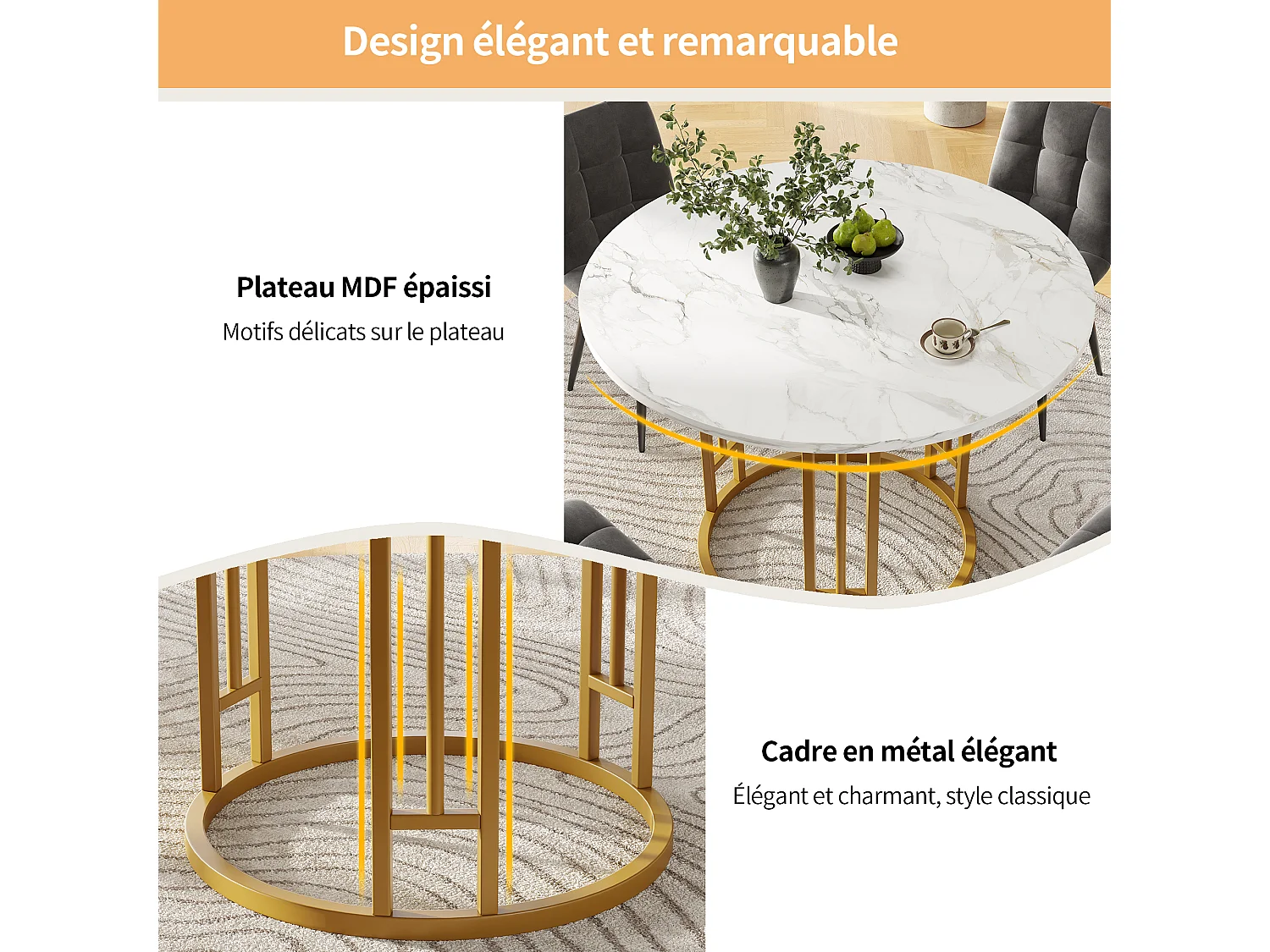 Ronde Tafel - MDF Tafelblad Met Marmerlook - Geometrisch Metalen Onderstel Met Verstelbare Poten - 80 x 80 x 76 cm - Belastbaar 60 kg - Goud