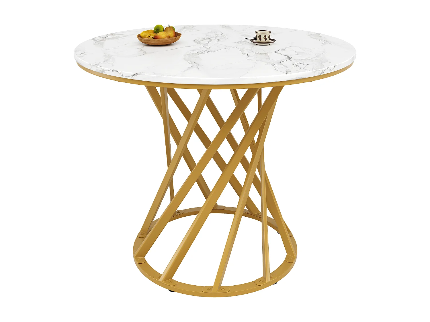 Table à manger ronde 80×80×76cm, pour 4 personnes, motif de marbre moderne, en MDF et métal, blanc et doré