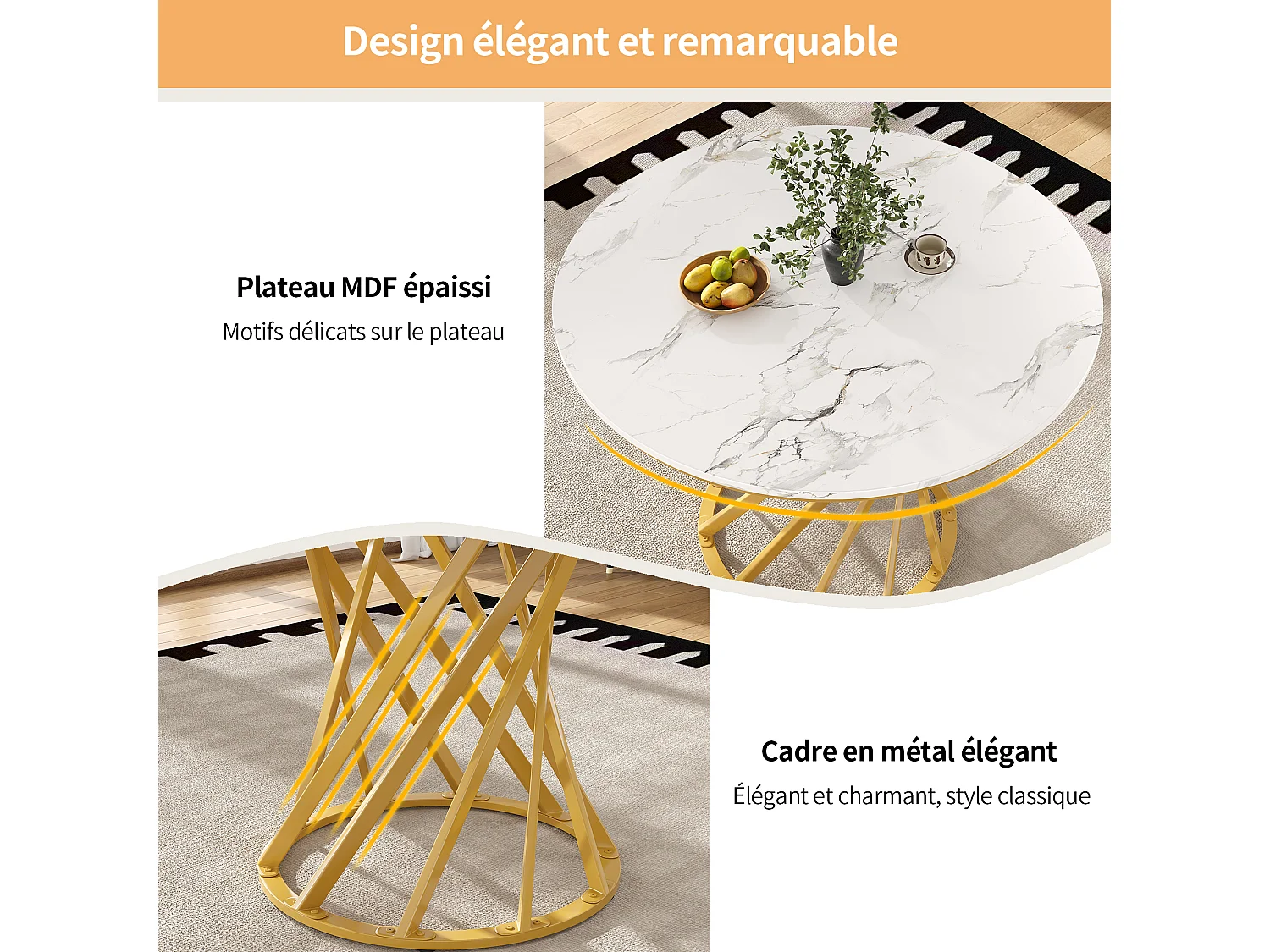 Table À Manger - Plateau Rond Marbré - Pieds Métal Doré Avec Patins Réglables - 80 x 80 x 76 cm En MDF+Métal - Doré+Blanc