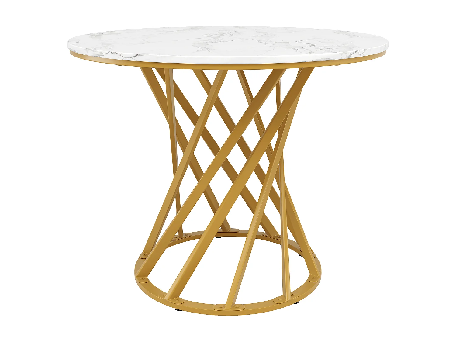 Table À Manger - Plateau Rond Marbré - Pieds Métal Doré Avec Patins Réglables - 80 x 80 x 76 cm En MDF+Métal - Doré+Blanc