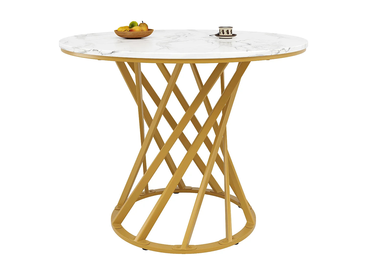 Table À Manger - Plateau Rond Marbré - Pieds Métal Doré Avec Patins Réglables - 80 x 80 x 76 cm En MDF+Métal - Doré+Blanc