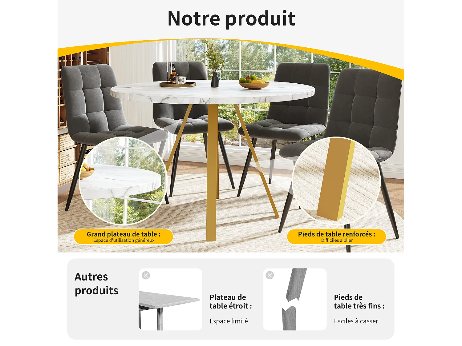 Table À Manger - Plateau Rond - Pour 4 Personnes - Effet Marbre Blanc Avec Pieds Métal Doré - 80x80x75 cm En MDF+Métal - Blanc+Or