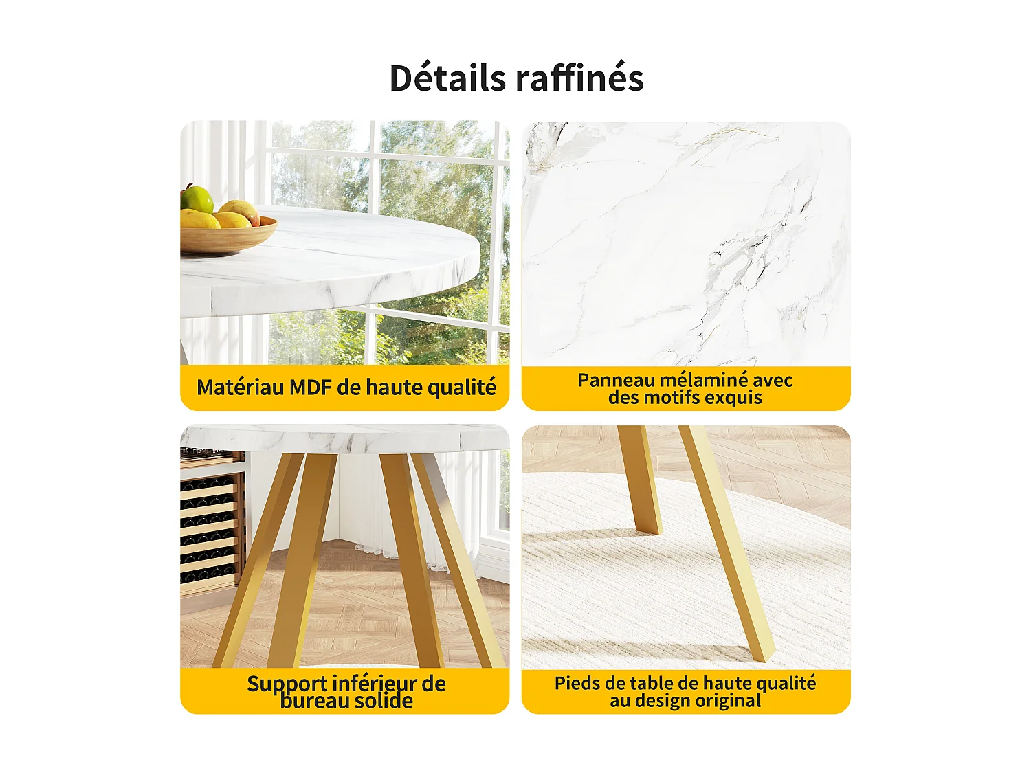 Table À Manger - Plateau Rond - Pour 4 Personnes - Effet Marbre Blanc Avec Pieds Métal Doré - 80x80x75 cm En MDF+Métal - Blanc+Or