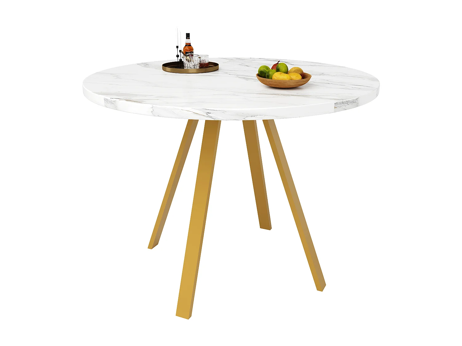 Mesa De Comedor Redonda 80x80 Cm Estructura De Metal Y Tablero MDF Efecto Mármol – Blanco Y Dorado
