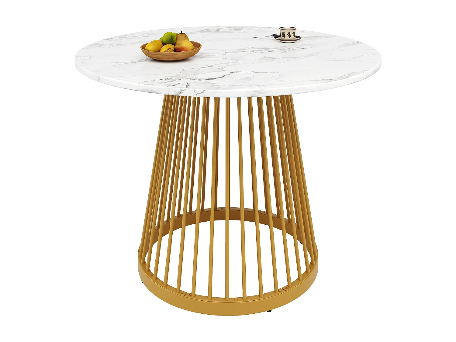 Table à manger ronde 80×80×76cm, pour 4 personnes, motif de marbre moderne, en MDF et métal, blanc et doré