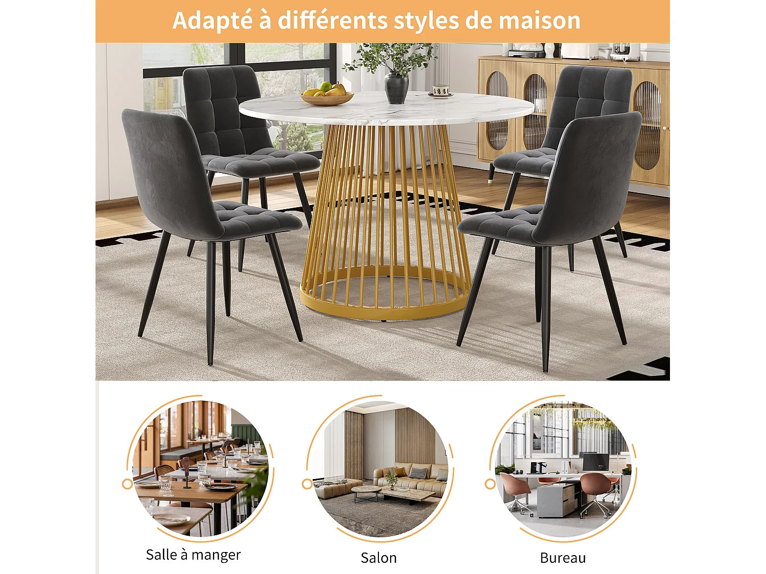 Table À Manger - Plateau MDF Effet Marbre - Pieds Métal Réglables - 80 x 80 x 76 cm - Charge Max 60 kg - Pour 4 Personnes MDF; Métal - Doré+Blanc