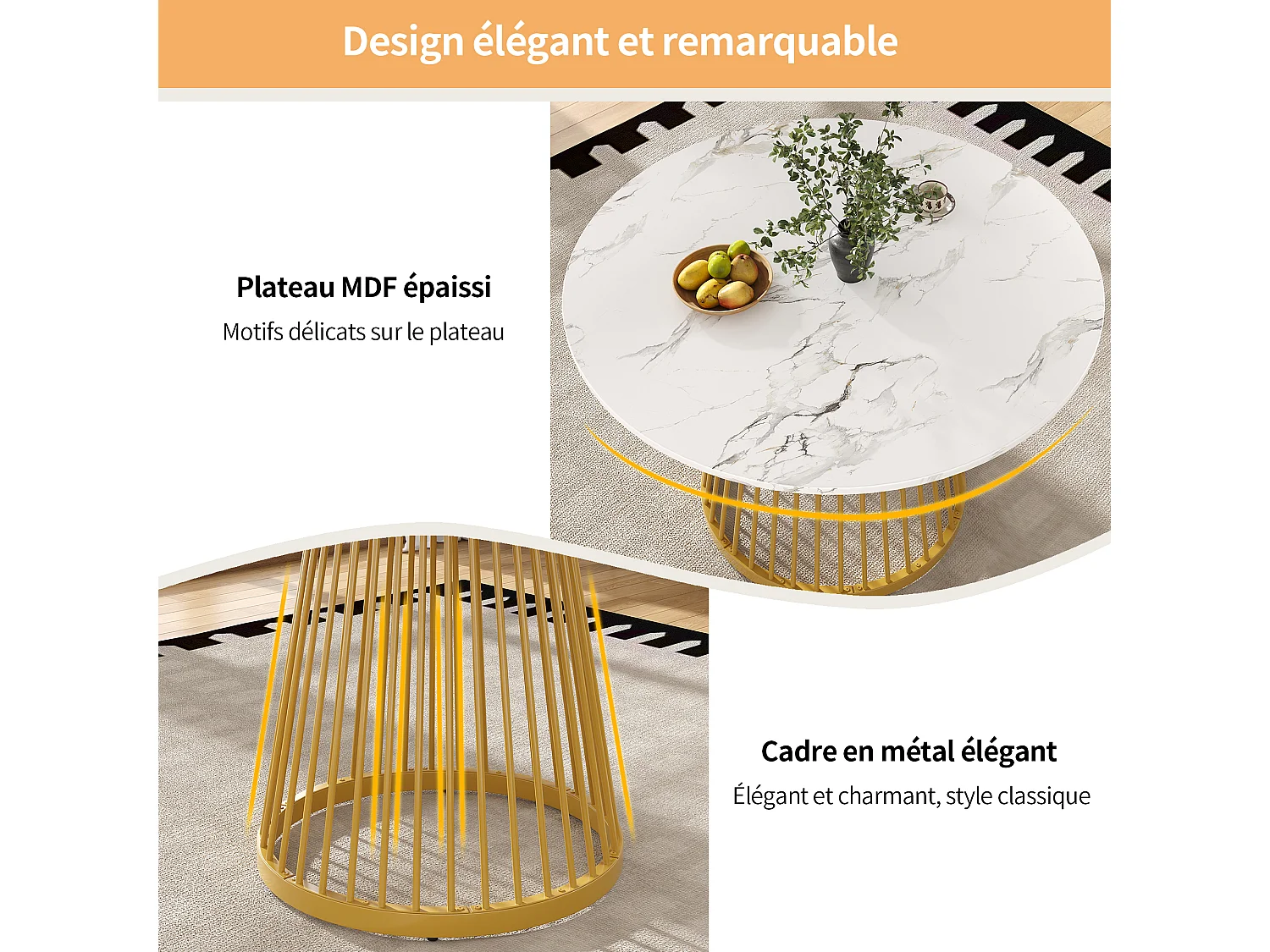 Table À Manger - Plateau MDF Effet Marbre - Pieds Métal Réglables - 80 x 80 x 76 cm - Charge Max 60 kg - Pour 4 Personnes MDF; Métal - Doré+Blanc