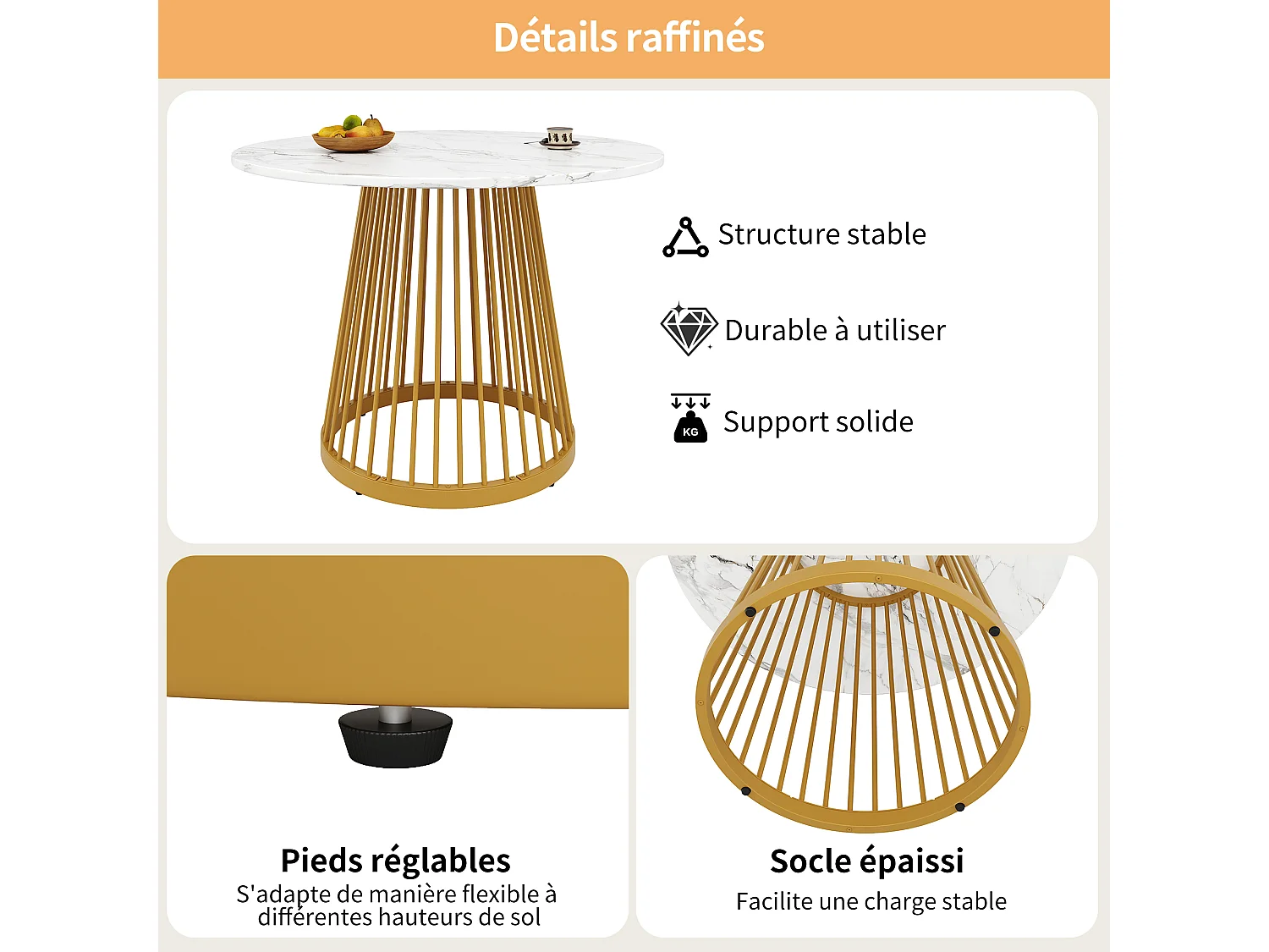 Table À Manger - Plateau MDF Effet Marbre - Pieds Métal Réglables - 80 x 80 x 76 cm - Charge Max 60 kg - Pour 4 Personnes MDF; Métal - Doré+Blanc