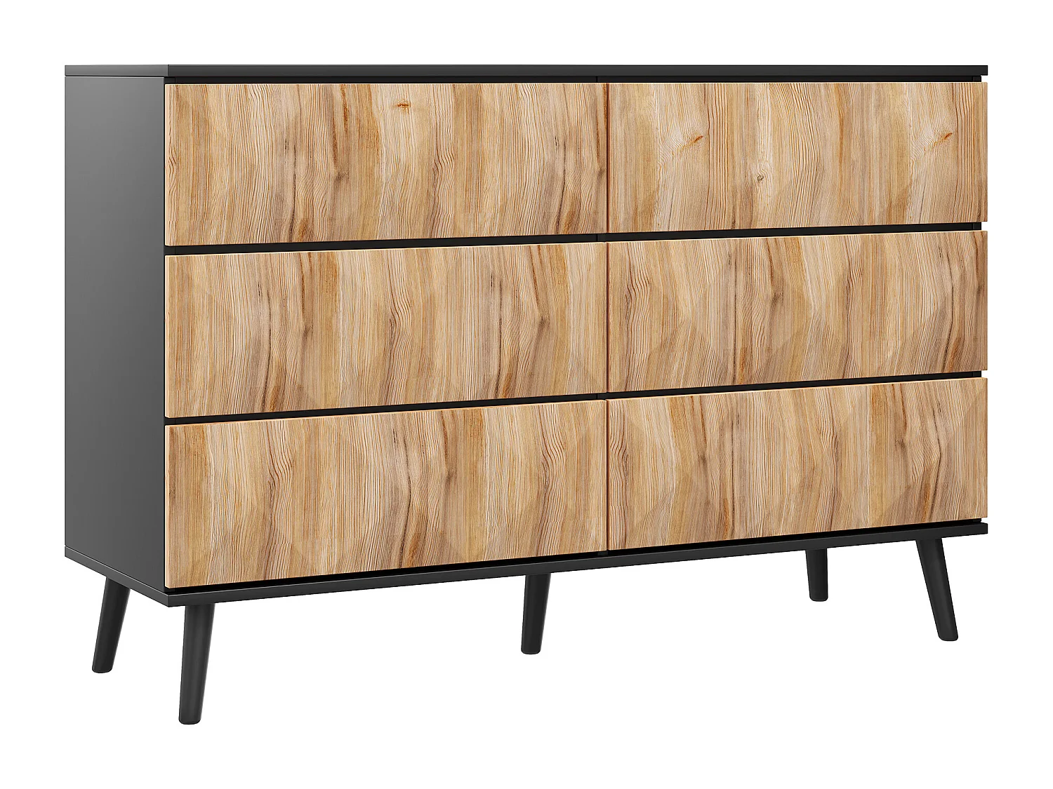 Commode ​​moderne à six tiroirs, 120x40x85 cm, rangement, en panneau de particules et MDF, black et natural