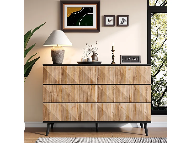 Commode ​​moderne à six tiroirs, 120x40x85 cm, rangement, en panneau de particules et MDF, black et natural