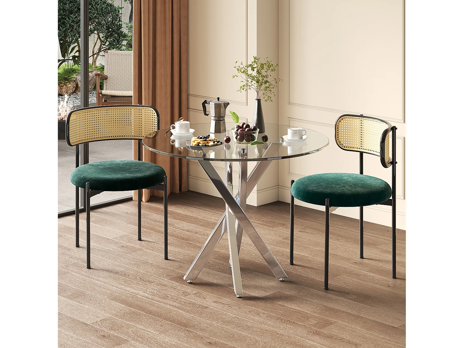 Ensemble de table à manger 80x80x75cm avec 2 chaises velours vert, table en verre, pied en métal