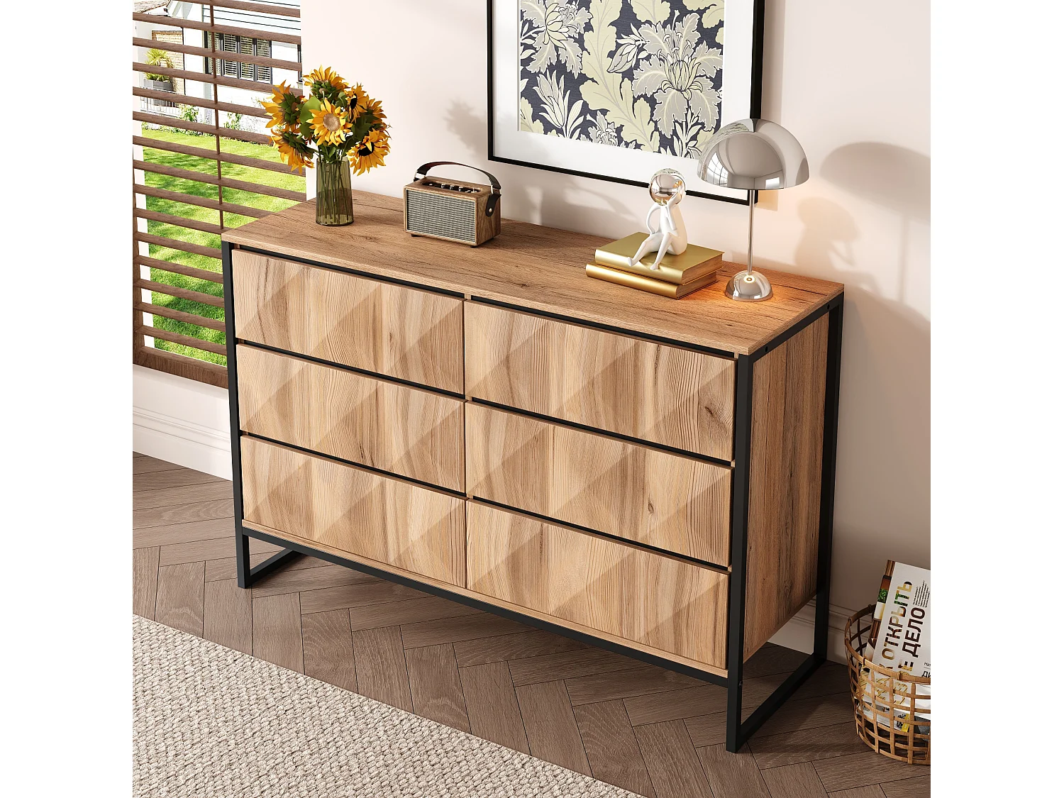 Commode moderne à 6 tiroirs, 120x40x80 cm, pieds en métal, en panneau de particules + MDF, naturel + noir