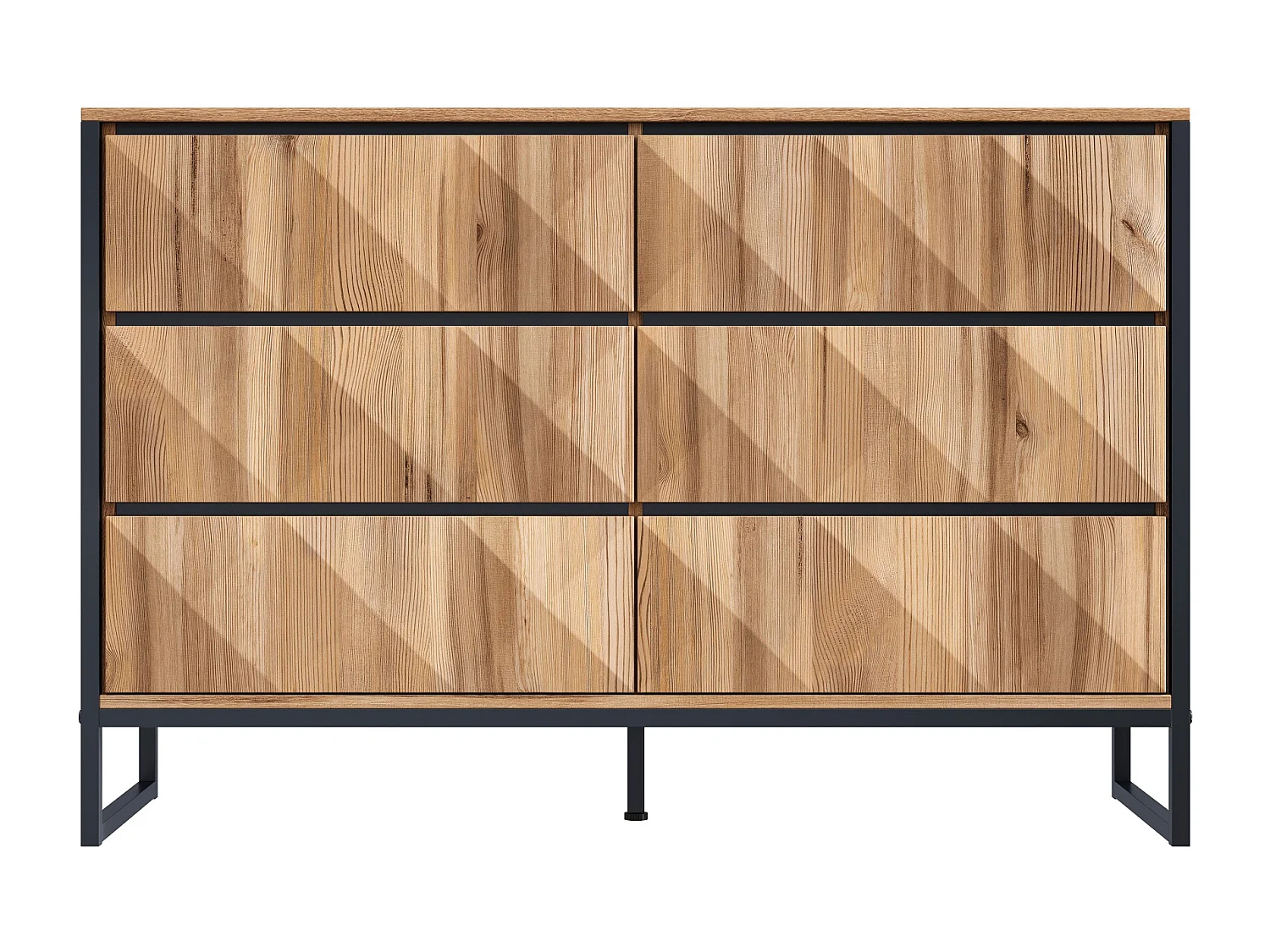 Commode moderne à 6 tiroirs, 120x40x80 cm, pieds en métal, en panneau de particules + MDF, naturel + noir