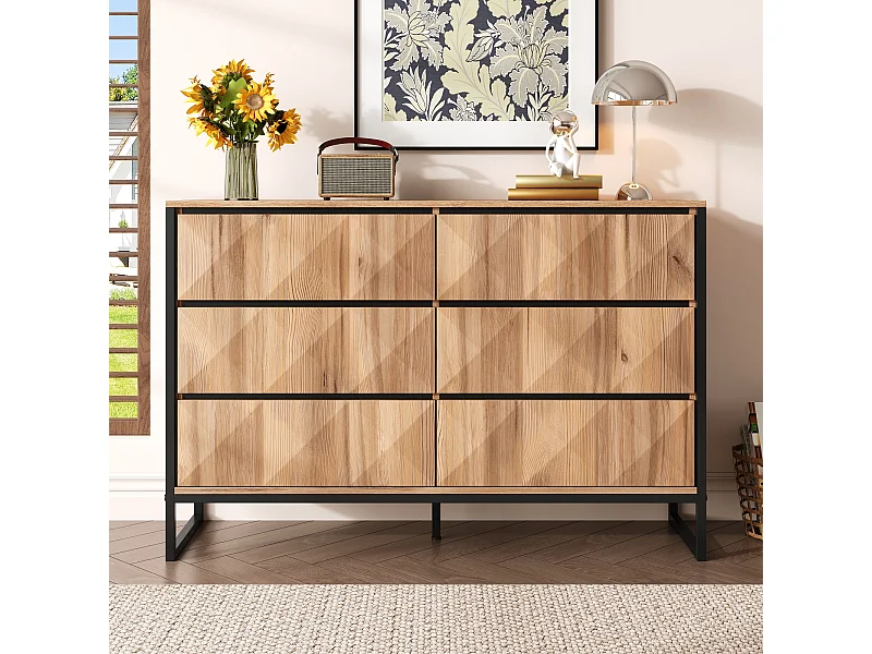 Commode moderne à 6 tiroirs, 120x40x80 cm, pieds en métal, en panneau de particules + MDF, naturel + noir