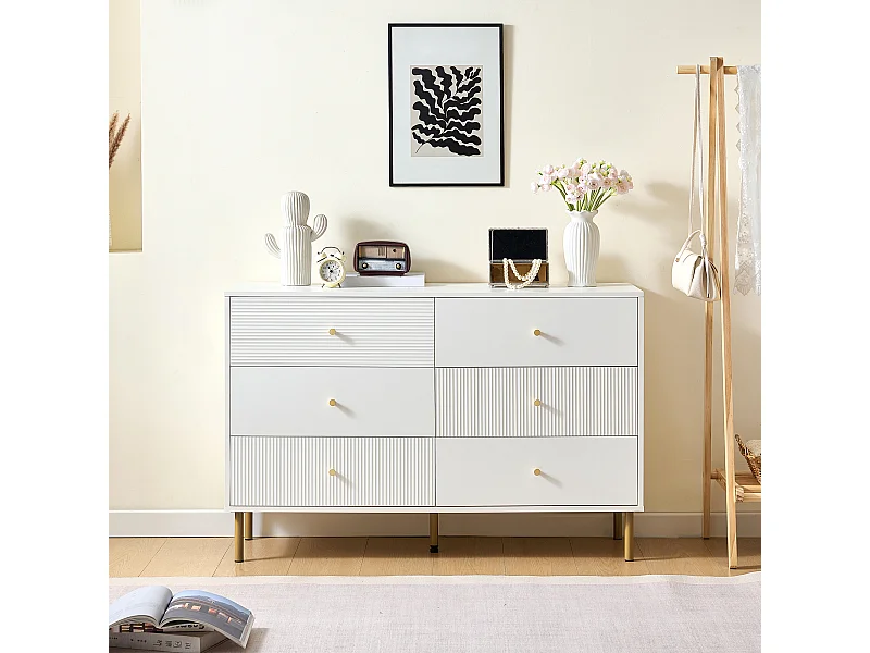 Commode moderne à 6 tiroirs 120×40×78 cm, rangement, pieds en acier, idéal pour la chambre,  en MDF blanc